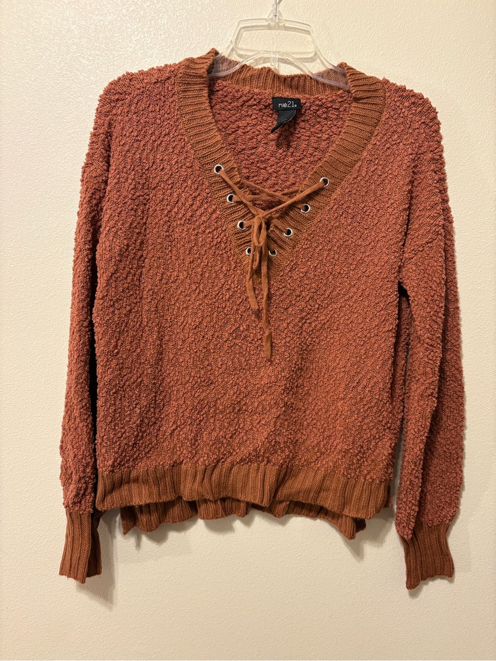 Rue21 Rust Lace-Up V-Neck Textured Sweater